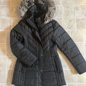 Women's Black Quilted Jacket with Removable Faux Fur Hood